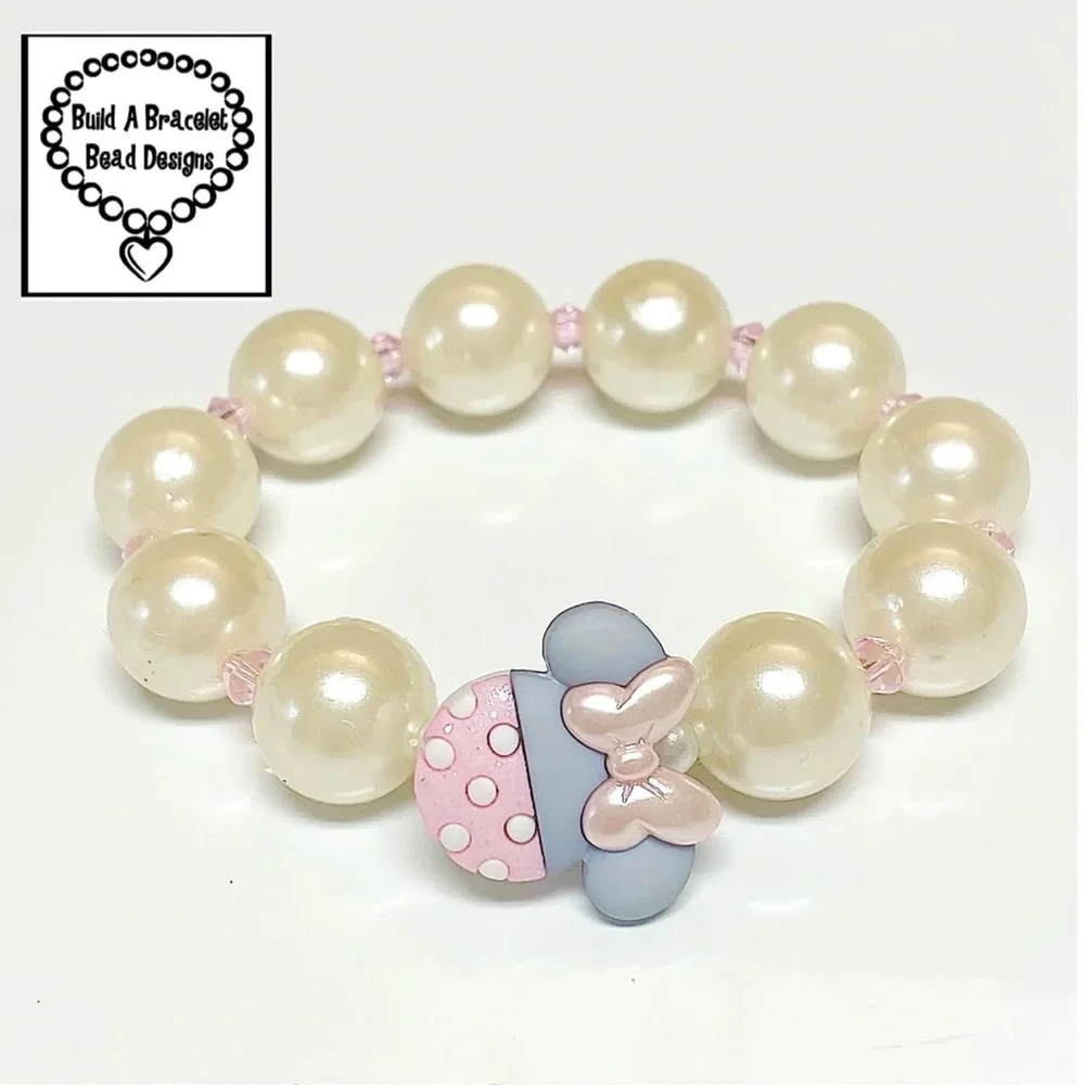 Handmade Girls Minnie Mouse Inspired Pink Pearl Bracelet Crystal Charm Cute